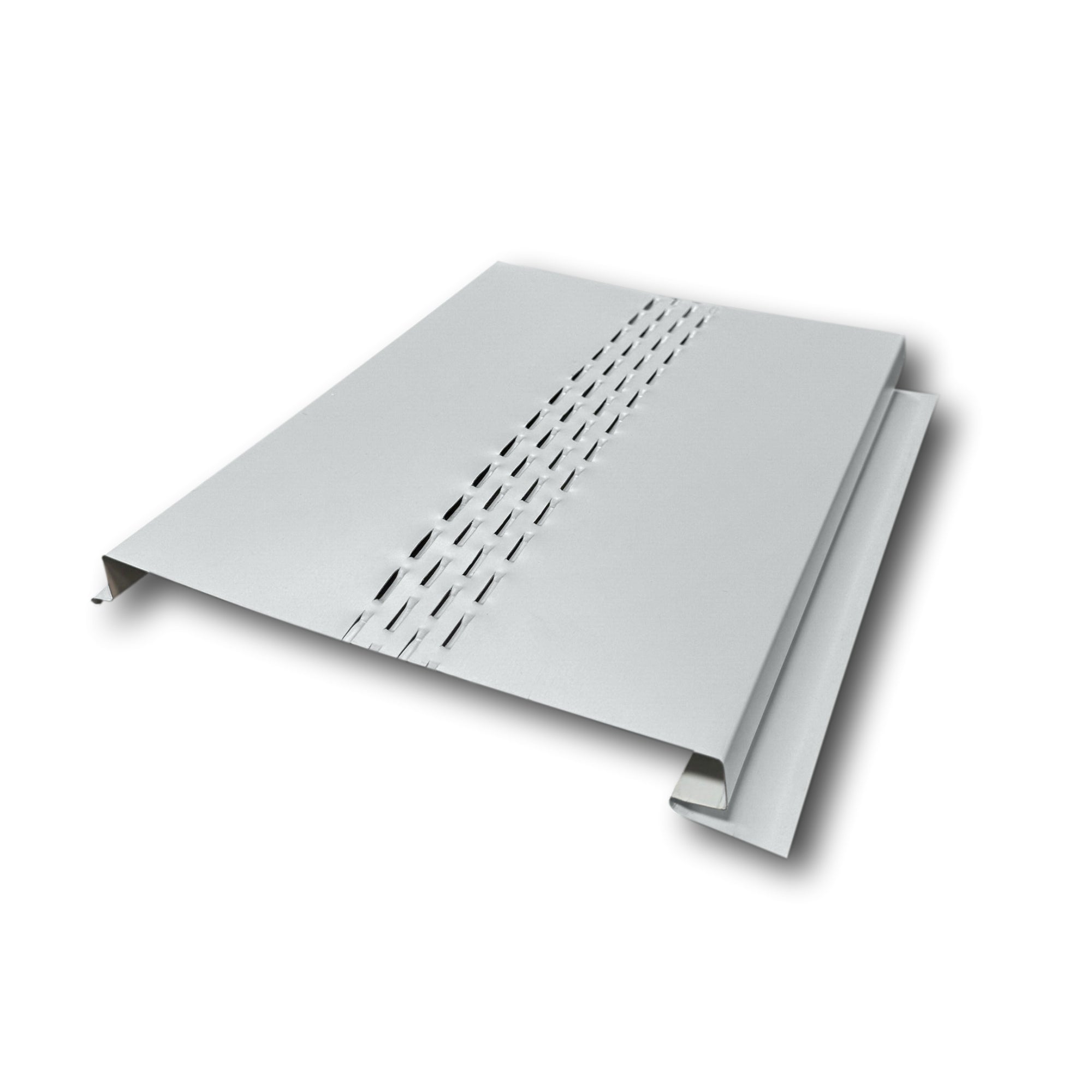 An Aluminum Soffit Panel on a white background that has a Smooth texture, a Vented design, and is Pearl Gray in color.