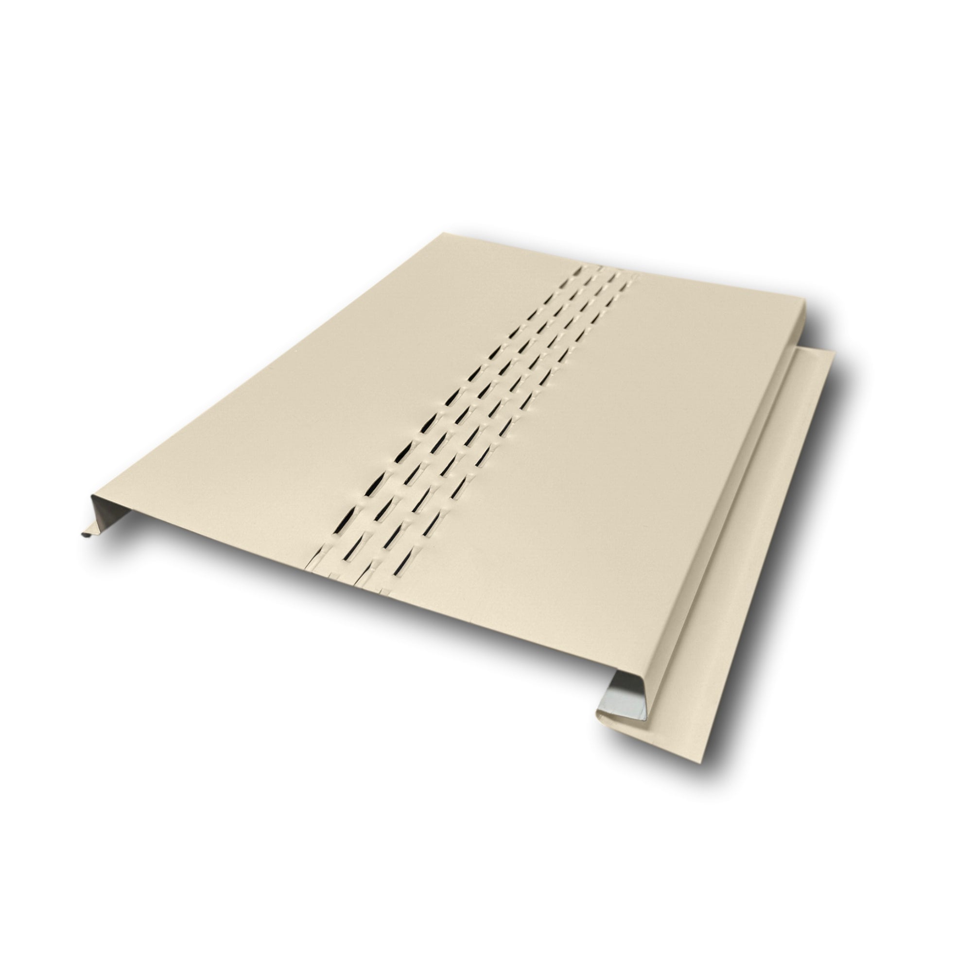An Aluminum Soffit Panel on a white background that has a Smooth texture, a Vented design, and is Wicker in color.