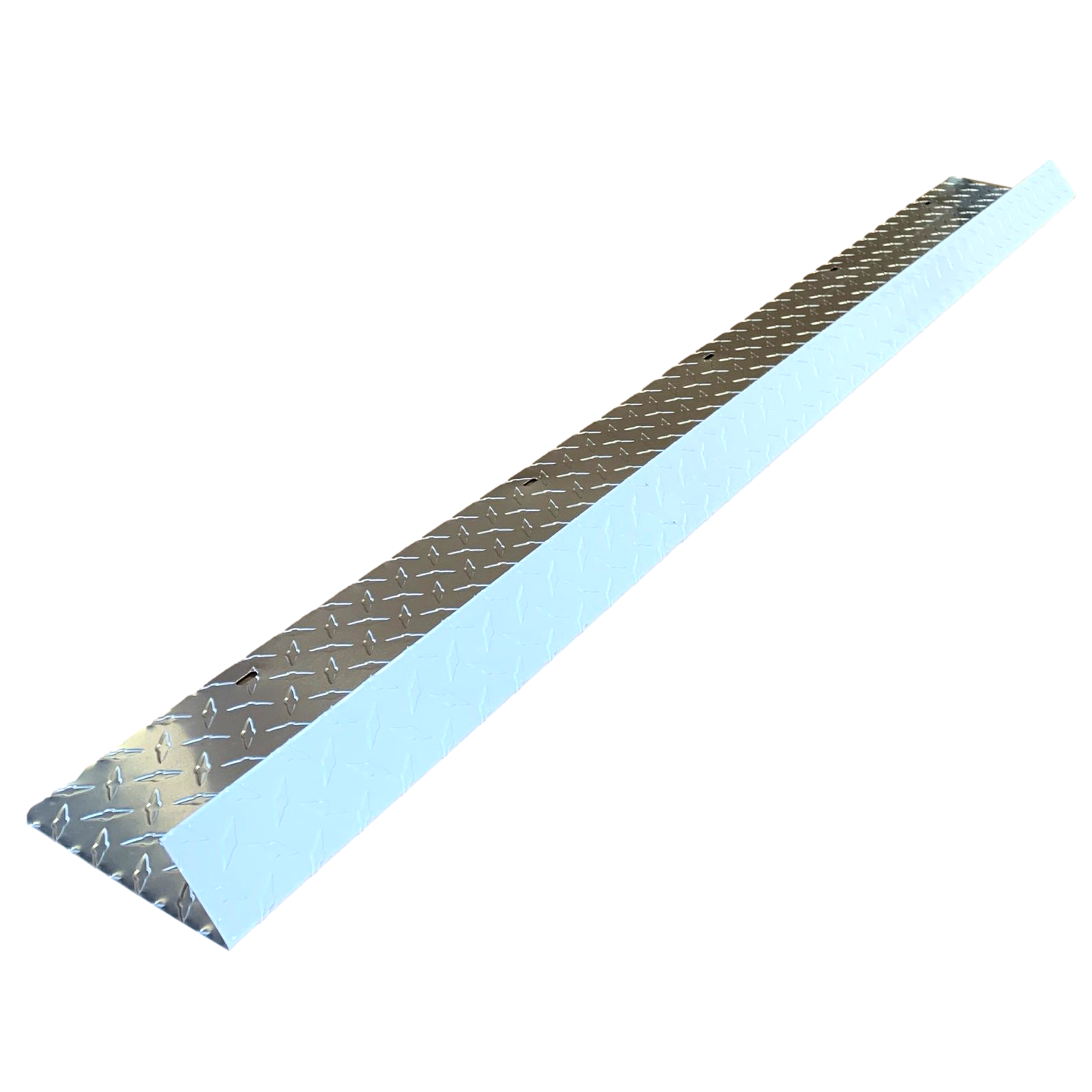 A shingle roof rain diverter that is meant to install over door ways and windows to divert rain water. The rain diverter is  made of aluminum diamond tread plate and are White in color. 