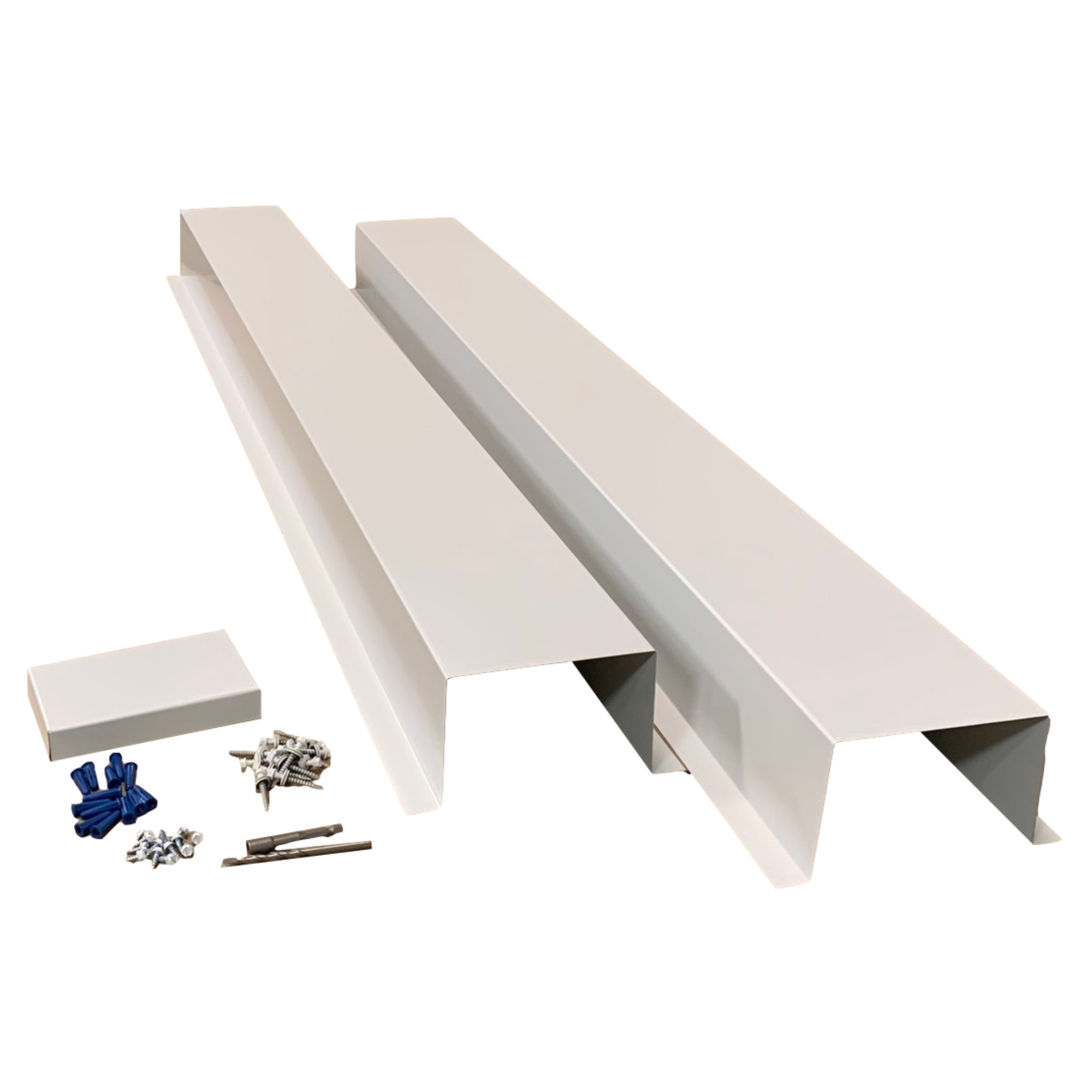 A set of PermaCover HVAC Line Set Covers that consists of two 5 FT sections, two end caps, fasteners, and a hex bit driver and masonry bit. The sections are made for covering existing HVAC line sets, and are made of 26 gauge painted steel in the color White. 