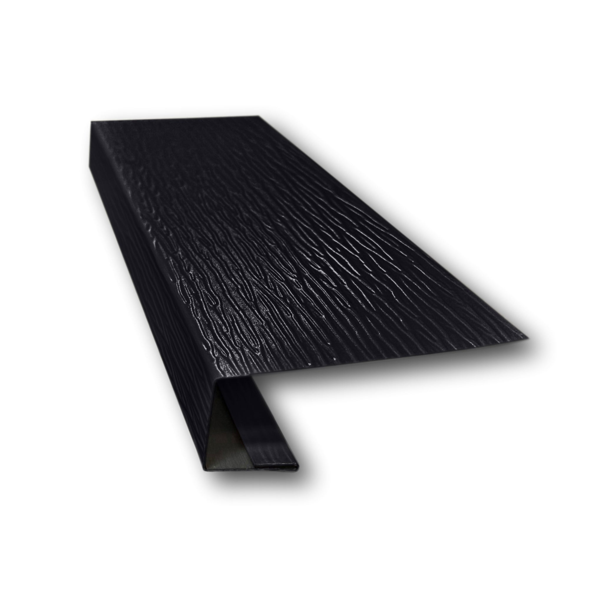 A piece of Aluminum J-Mold on a white background. The J-Mold has a Woodgrain Finish that is Black in color. 