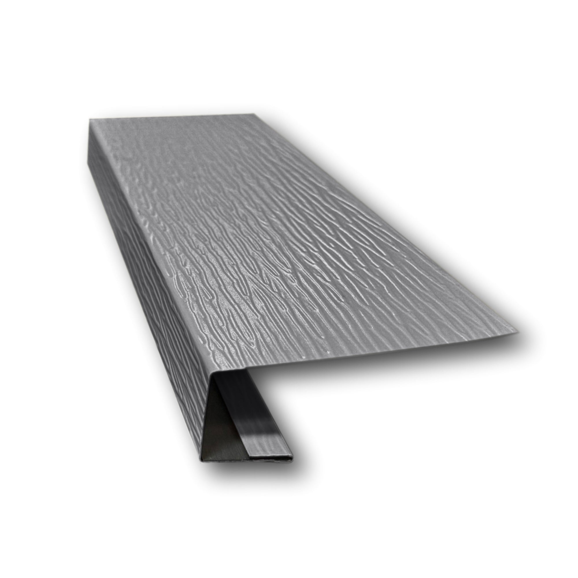 A piece of Aluminum J-Mold on a white background. The J-Mold has a Woodgrain Finish that is Charcoal Gray in color. 