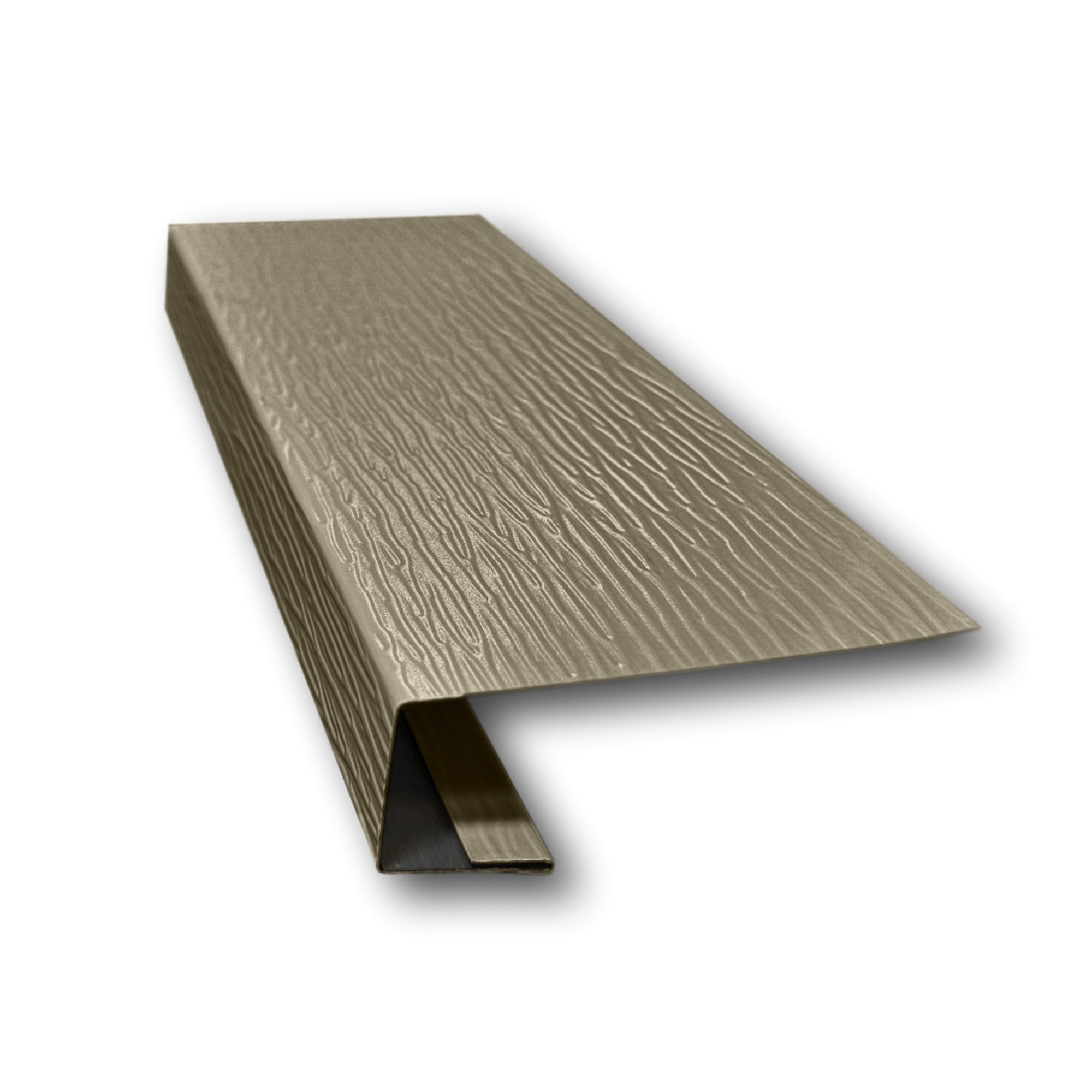 A piece of Aluminum J-Mold on a white background. The J-Mold has a Woodgrain Finish that is Clay in color. 