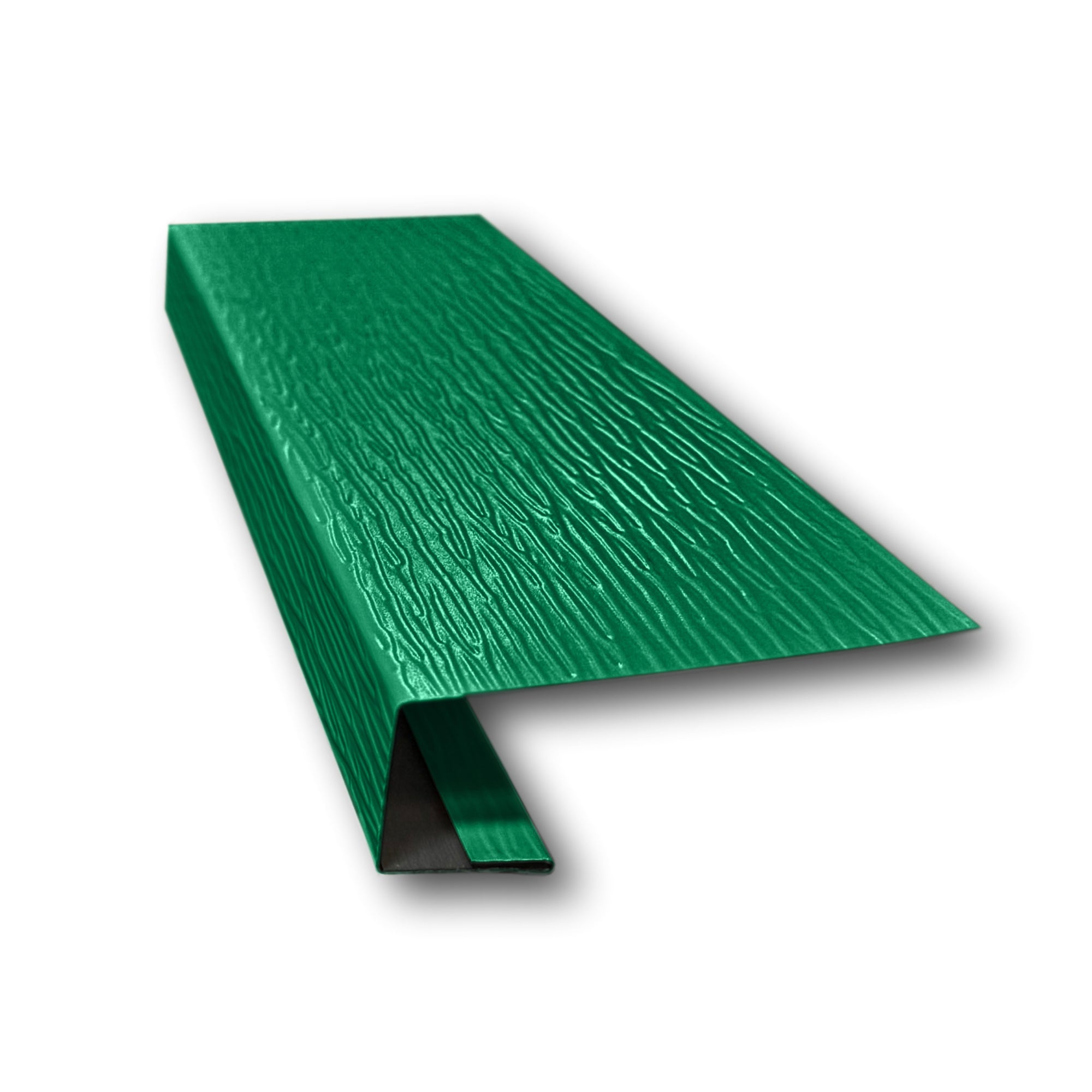 A piece of Aluminum J-Mold on a white background. The J-Mold has a Woodgrain Finish that is Grecian Green in color. 
