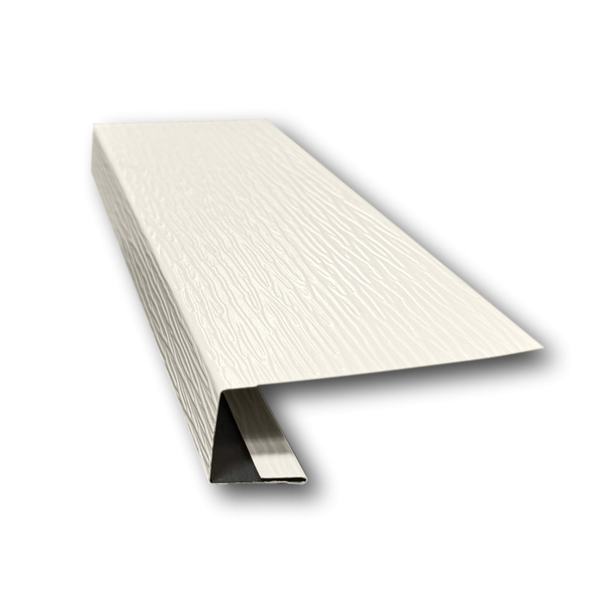 A piece of Aluminum J-Mold on a white background. The J-Mold has a Woodgrain Finish that is Linen in color. 