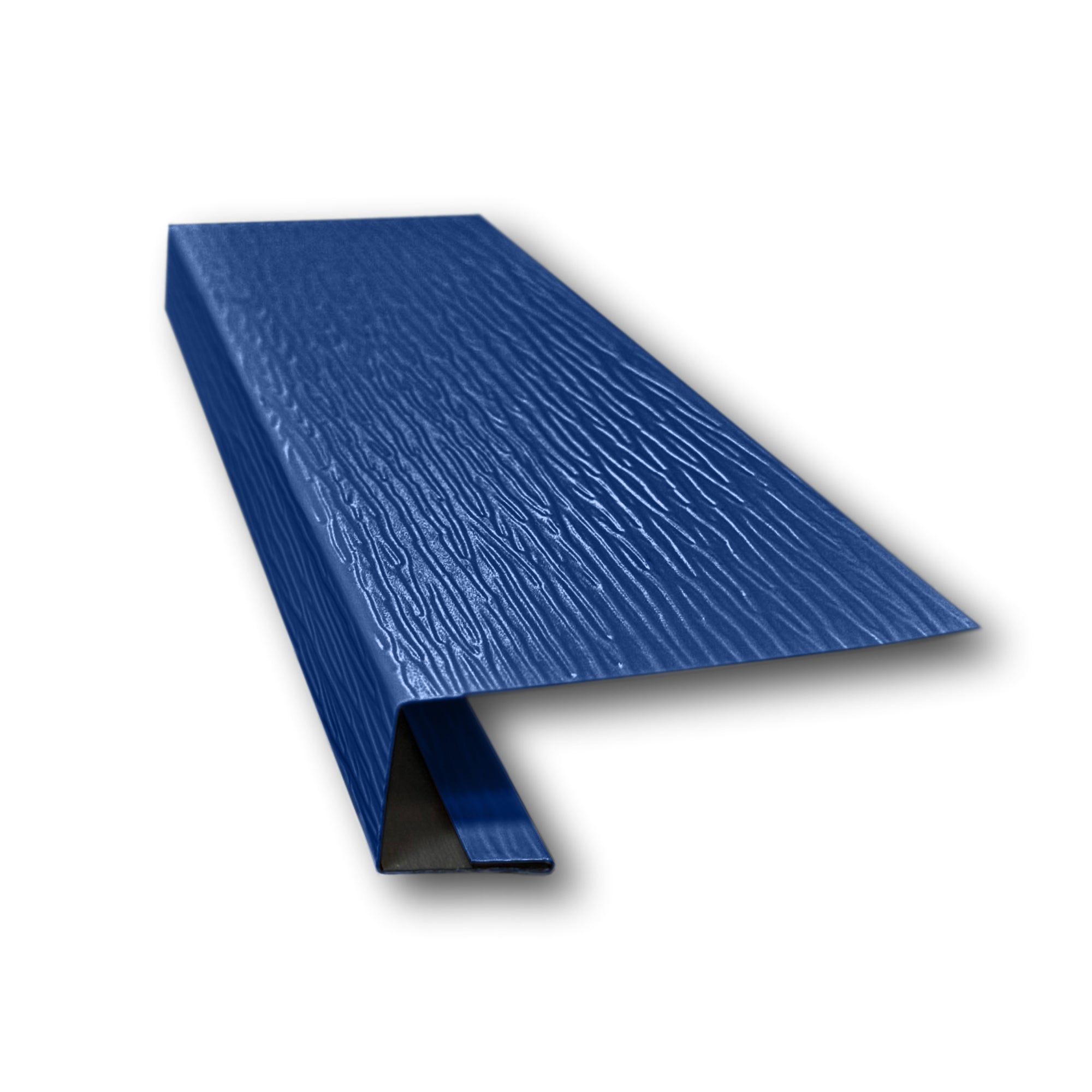 A piece of Aluminum J-Mold on a white background. The J-Mold has a Woodgrain Finish that is Midnight Blue in color. 