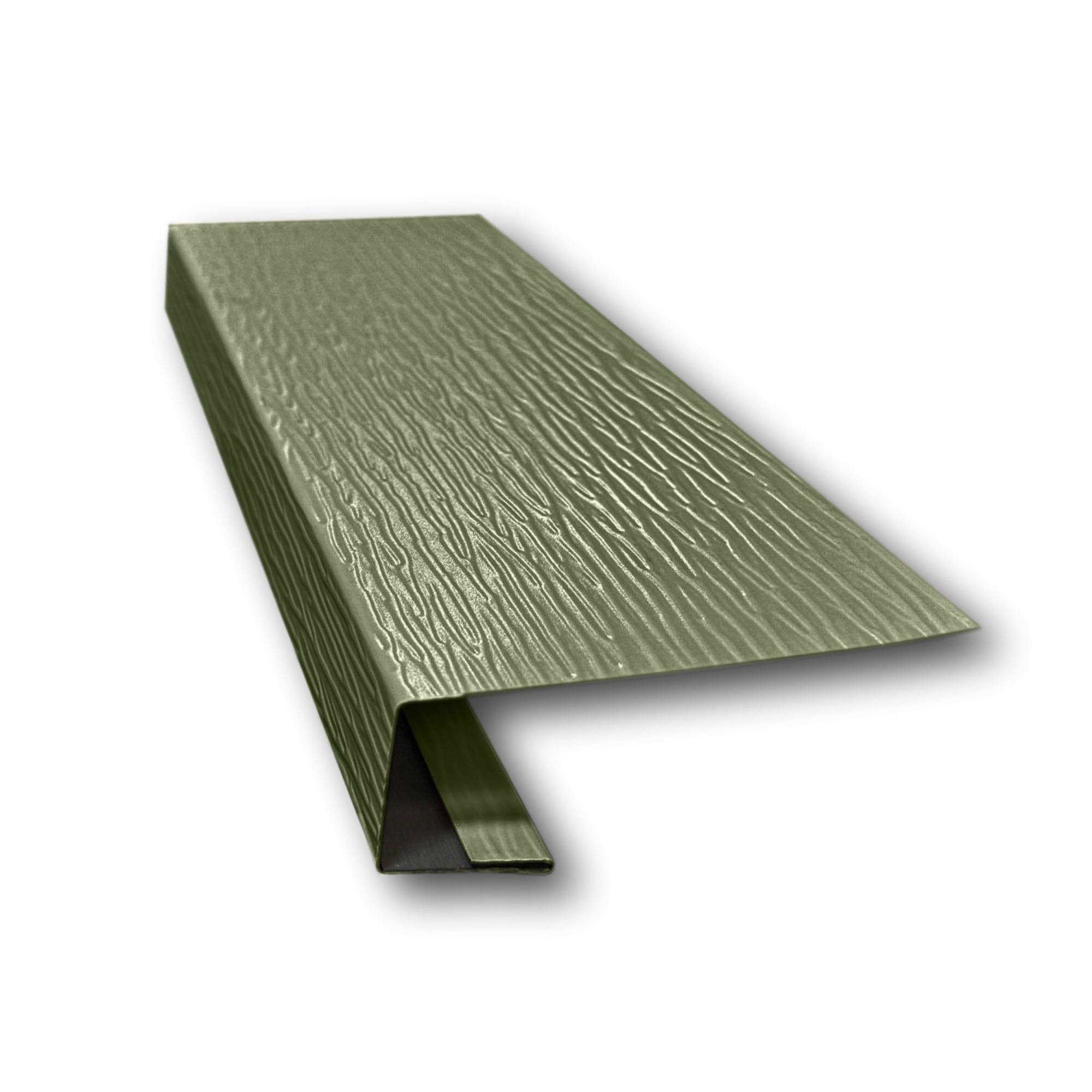 A piece of Aluminum J-Mold on a white background. The J-Mold has a Woodgrain Finish that is Spruce Green in color. 