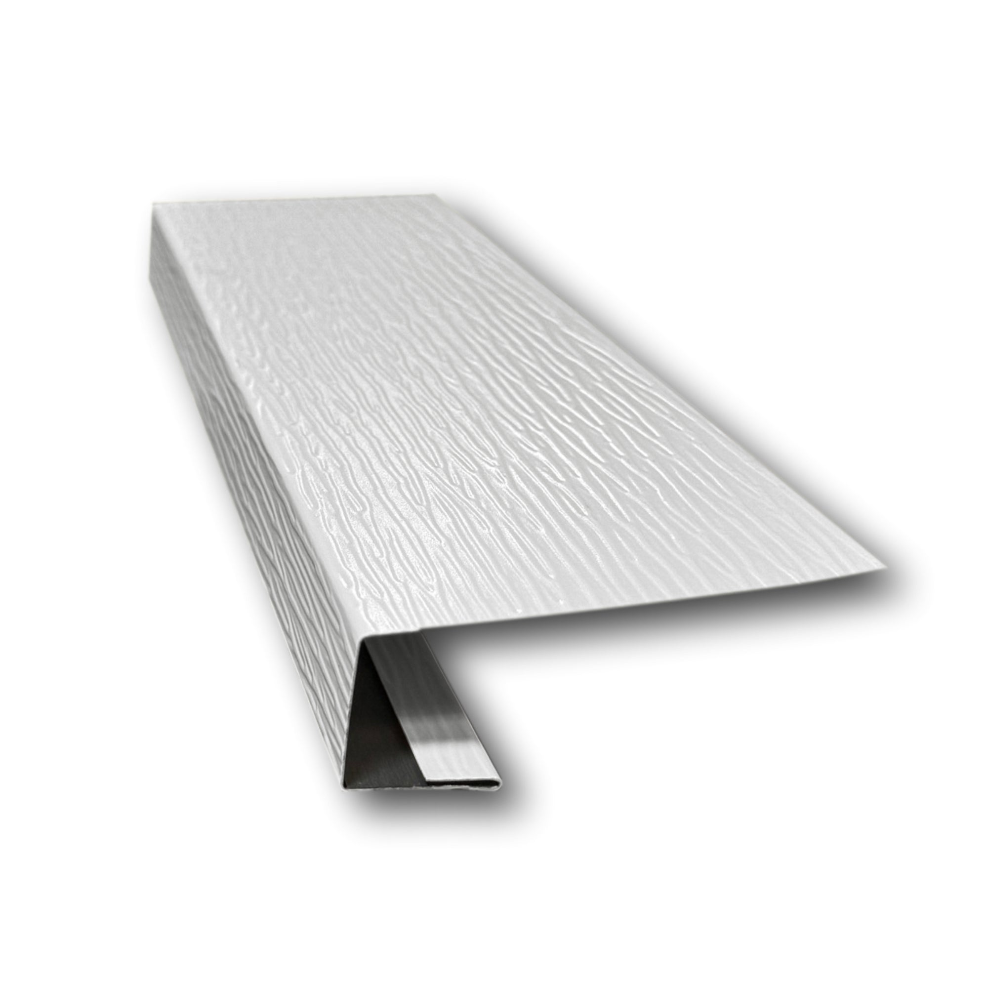 A piece of Aluminum J-Mold on a white background. The J-Mold has a Woodgrain Finish that is White in color. 