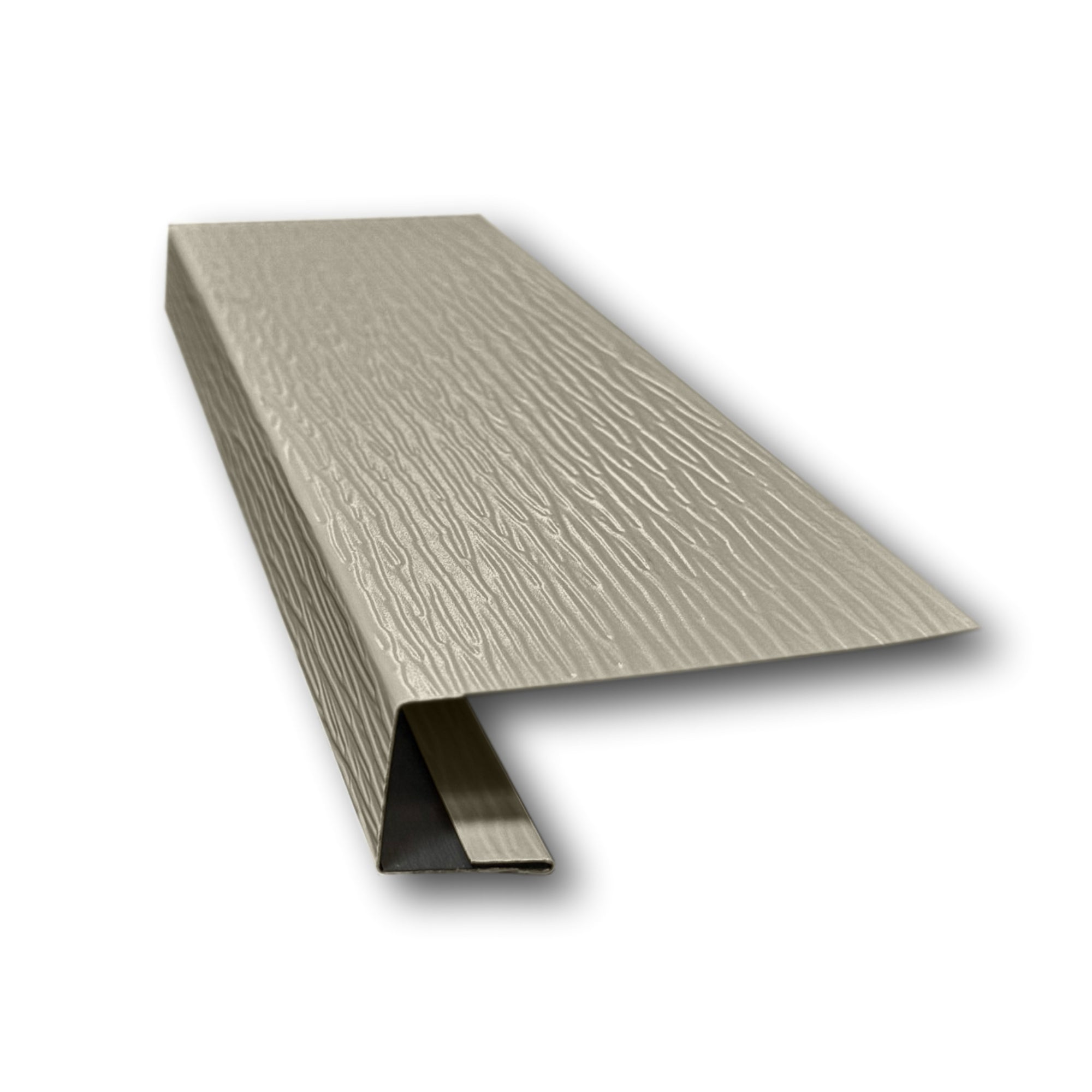 A piece of Aluminum J-Mold on a white background. The J-Mold has a Woodgrain Finish that is Wicker in color. 