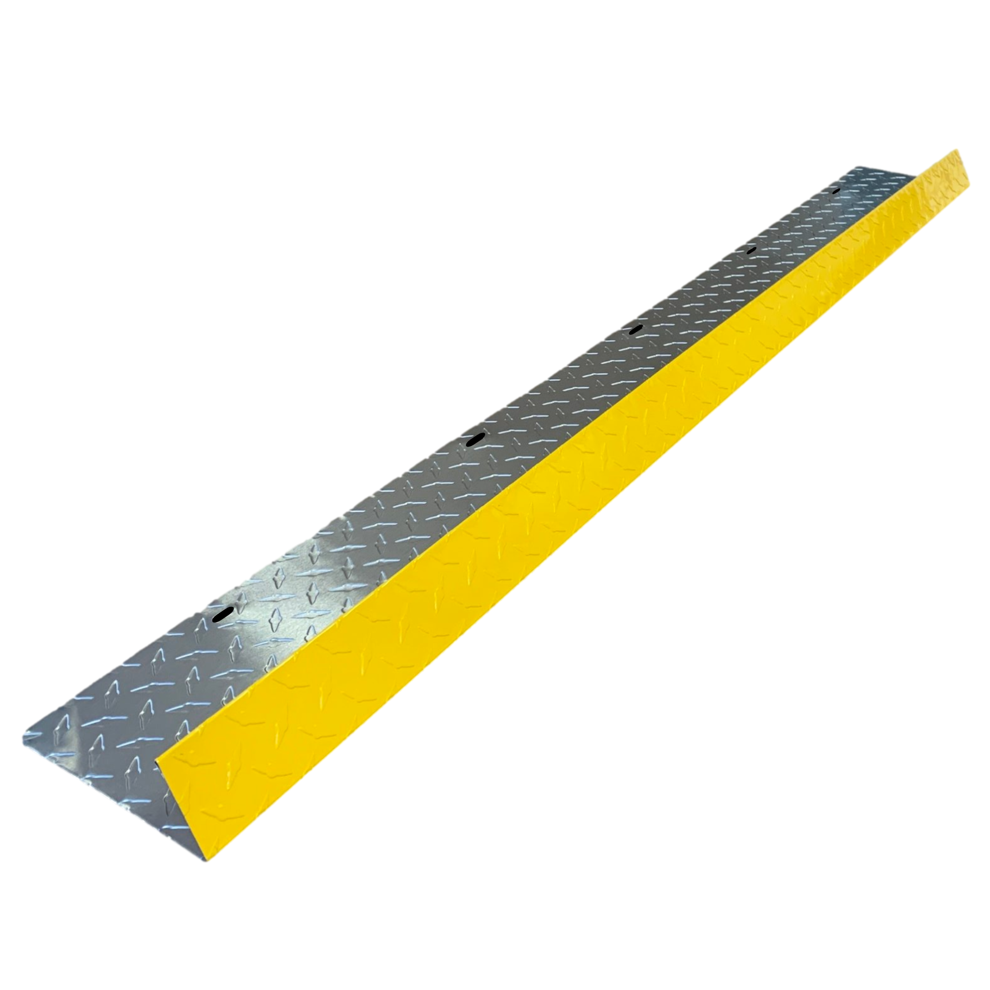 A shingle roof rain diverter that is meant to install over door ways and windows to divert rain water. The rain diverter is  made of aluminum diamond tread plate and are Yellow in color. 
