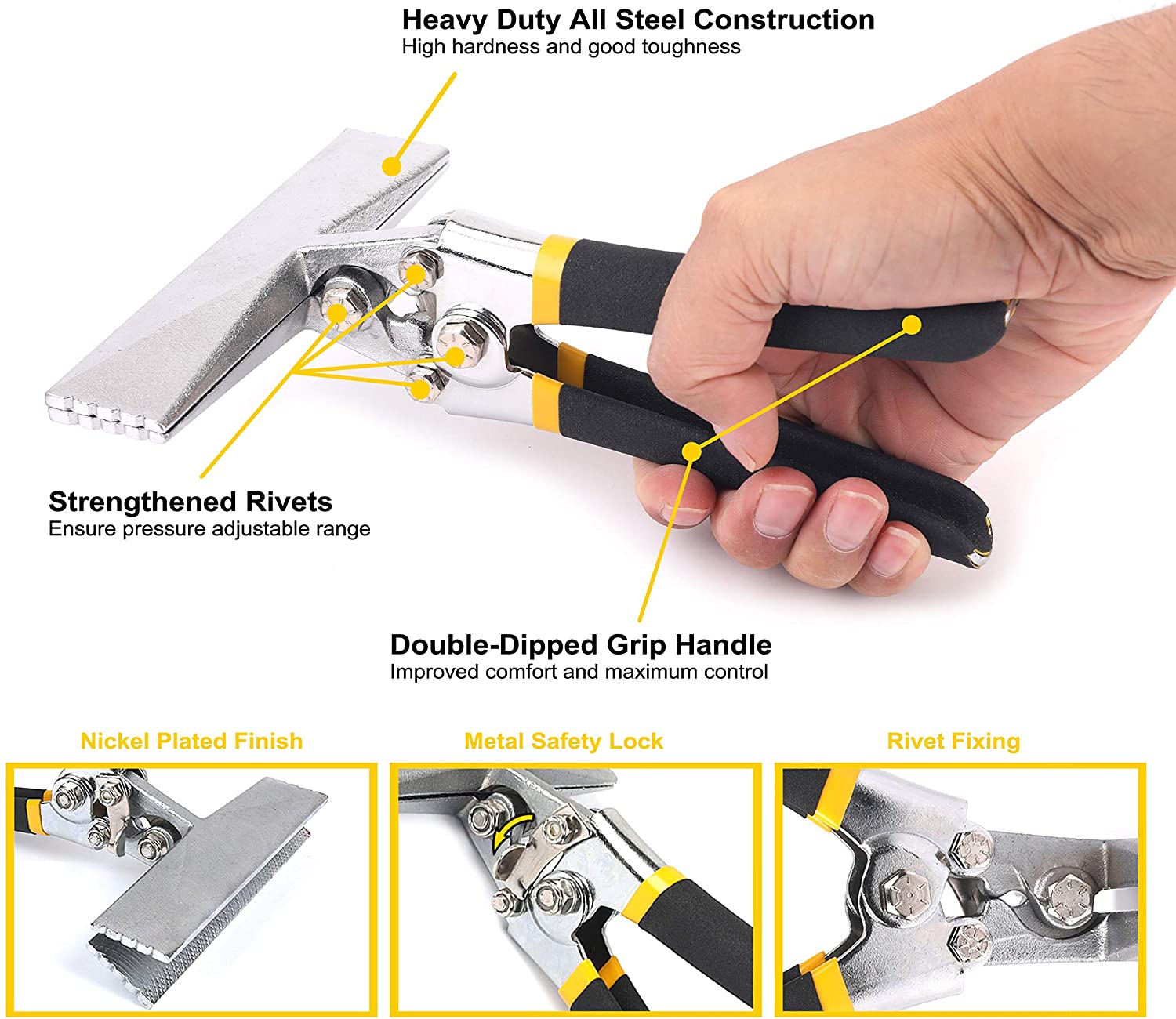 Heavy Duty All Steel Construction, High hardness and good toughness. Strengthened rivets, ensure pressure adjustable range. Double dipped grip handle, improved comfort and maximum control. Nickel Plated Finish, Metal Safety Lock, Rivet Fixing.